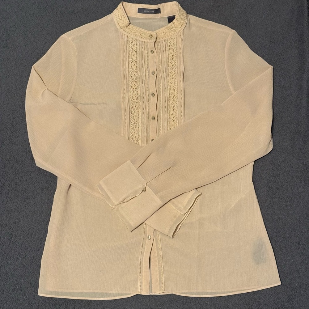Liz Claiborne Women’s Beige Blouse With Lace Trim (Size 10-Medium)